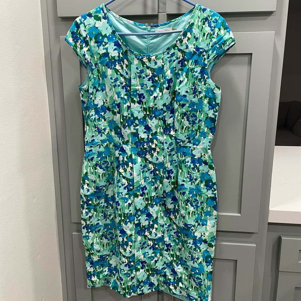Linen dress Cap Sleeve Floral Sheath Dress in Aqua and Blue